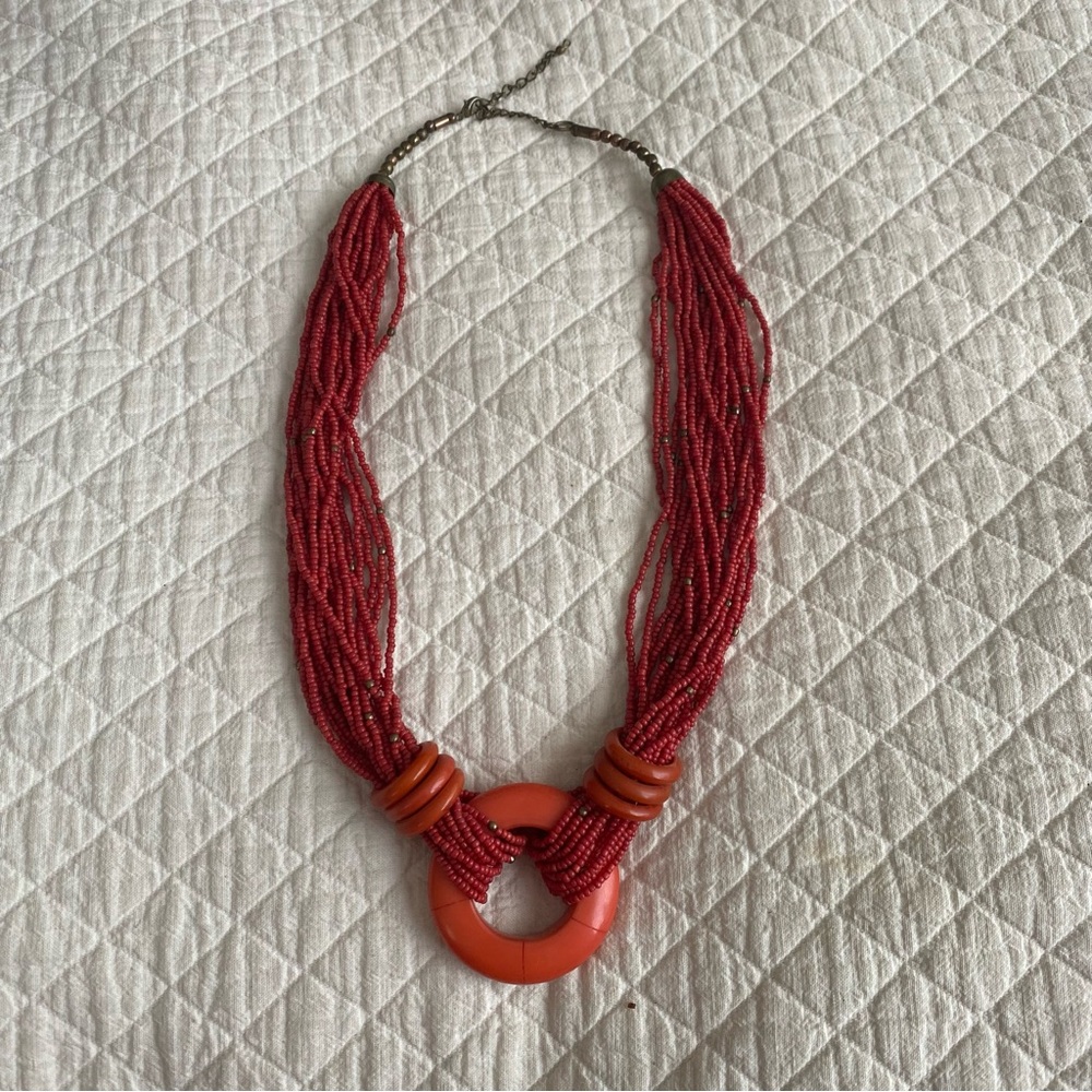 Coral Orange Seed Beaded Necklace with Circle Pendant 28” Tropical Adjustable